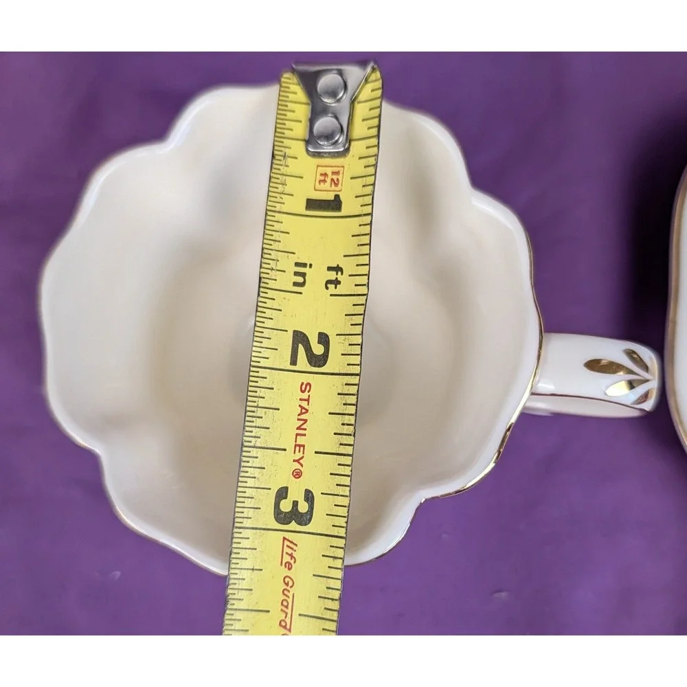 Olympia Ribbed Tea Cup and Flower Shaped Saucer White With Gold Trim NIB